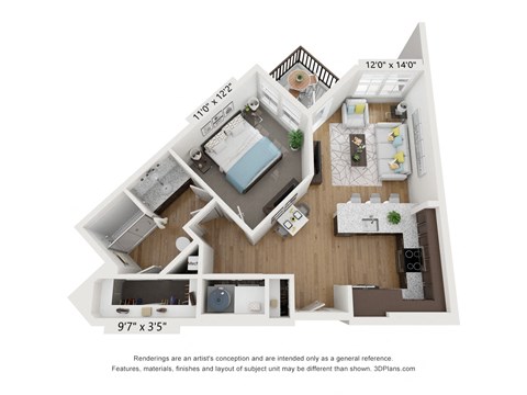Floor plan for 1 bed, 1 bath, 667 sqft